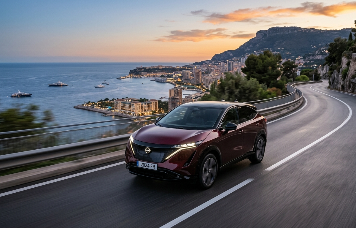 Nissan Ariya électrique sur une route côtière au coucher du soleil