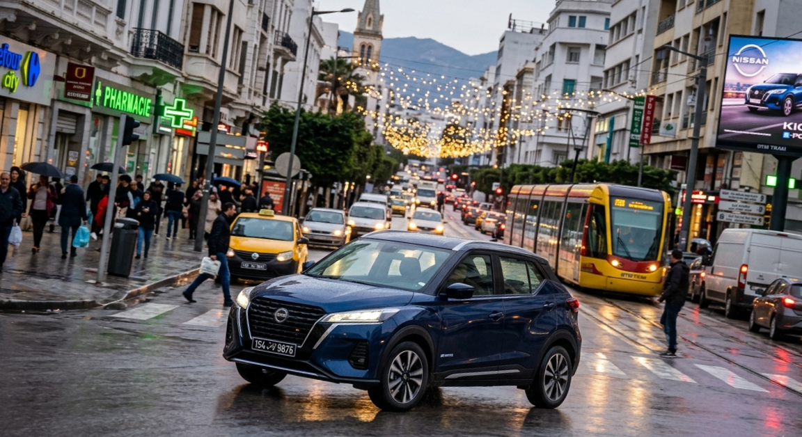 Nissan Kicks bleu circulant en centre-ville sous la pluie