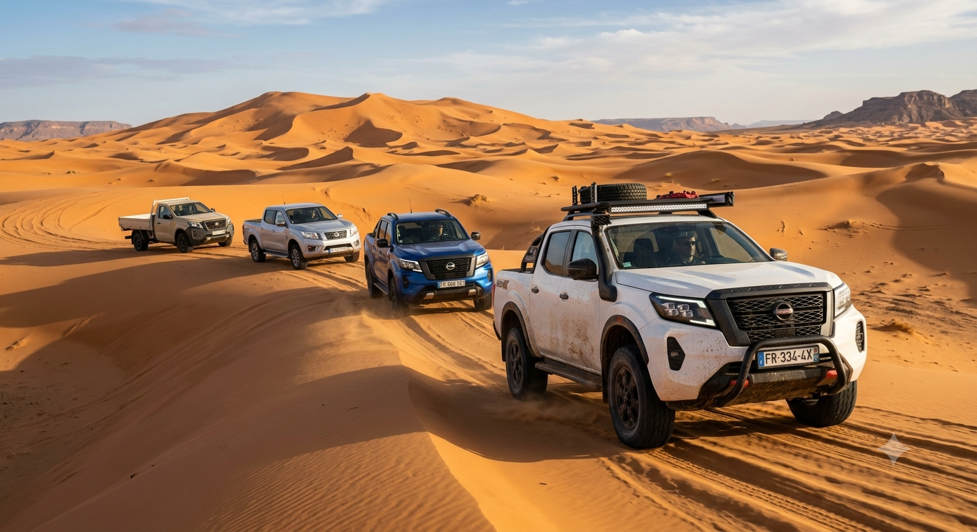 Gamme de pick-ups Nissan Navara en convoi dans les dunes du désert